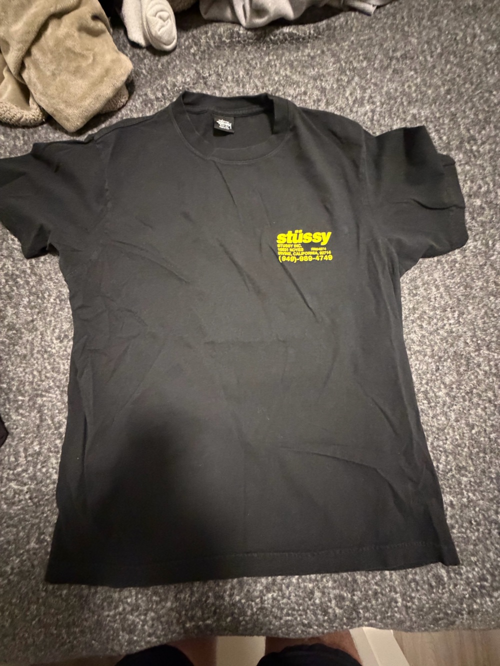 Stussy Black Short Sleeve Tee with Yellow Chest Logo